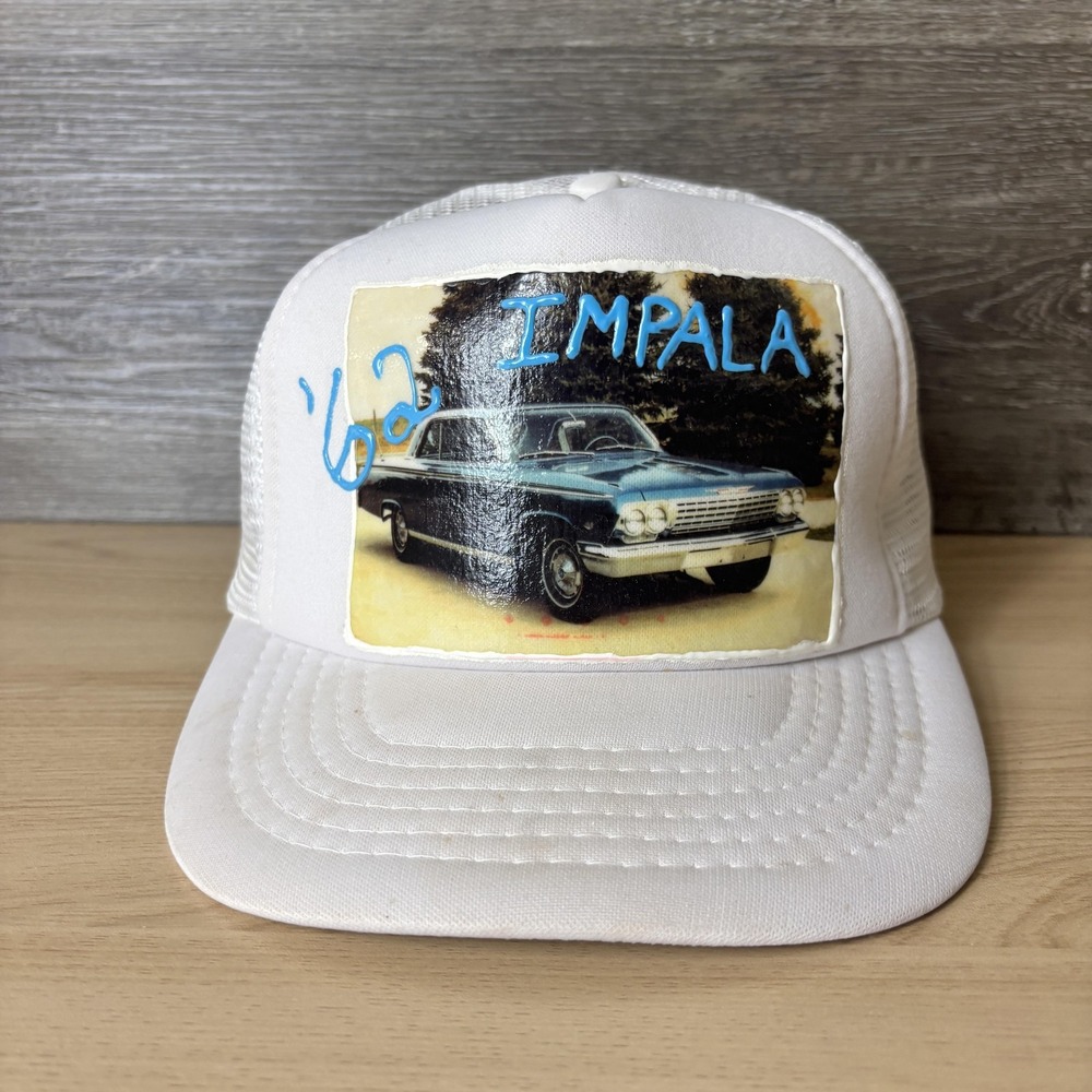 Vintage 62 Impala Hat Cap Snap Back White Mesh Trucker Car Graphic Mens 80s